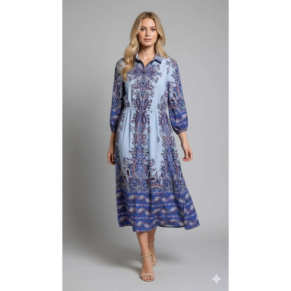 Loft Light Blue Paisley Floral Midi Shirtdress Size XS Button‎ Front Collar Belt